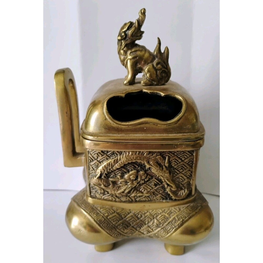 Vintage Chinese Brass Incense Burner Qilin Lid Dragon Marked Xuande AS IS Missin
